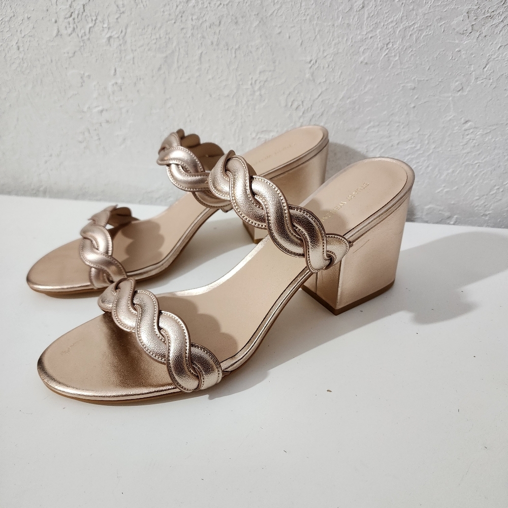 Stuart Weitzman Twistie Leather Rose Gold Slip On Block High Heel Sandals 10.5